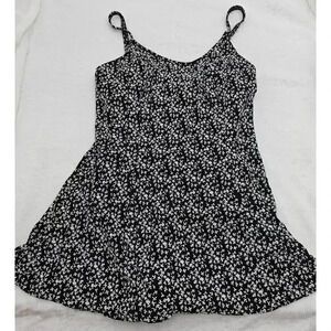 Vtg 90s Basic Editions Women's 13/14 Black/White Flower Onepiece Dress Swimdress